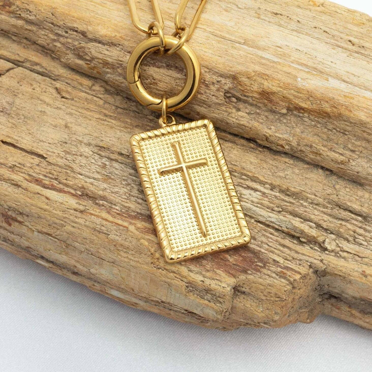 18K Gold PVD Stainless Steel Square Pendant with Cross: Gold
