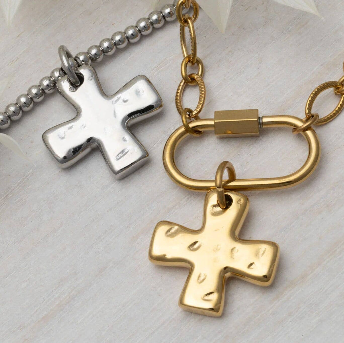 18K Gold PVD Stainless Steel Textured Gold Cross Charm: Gold