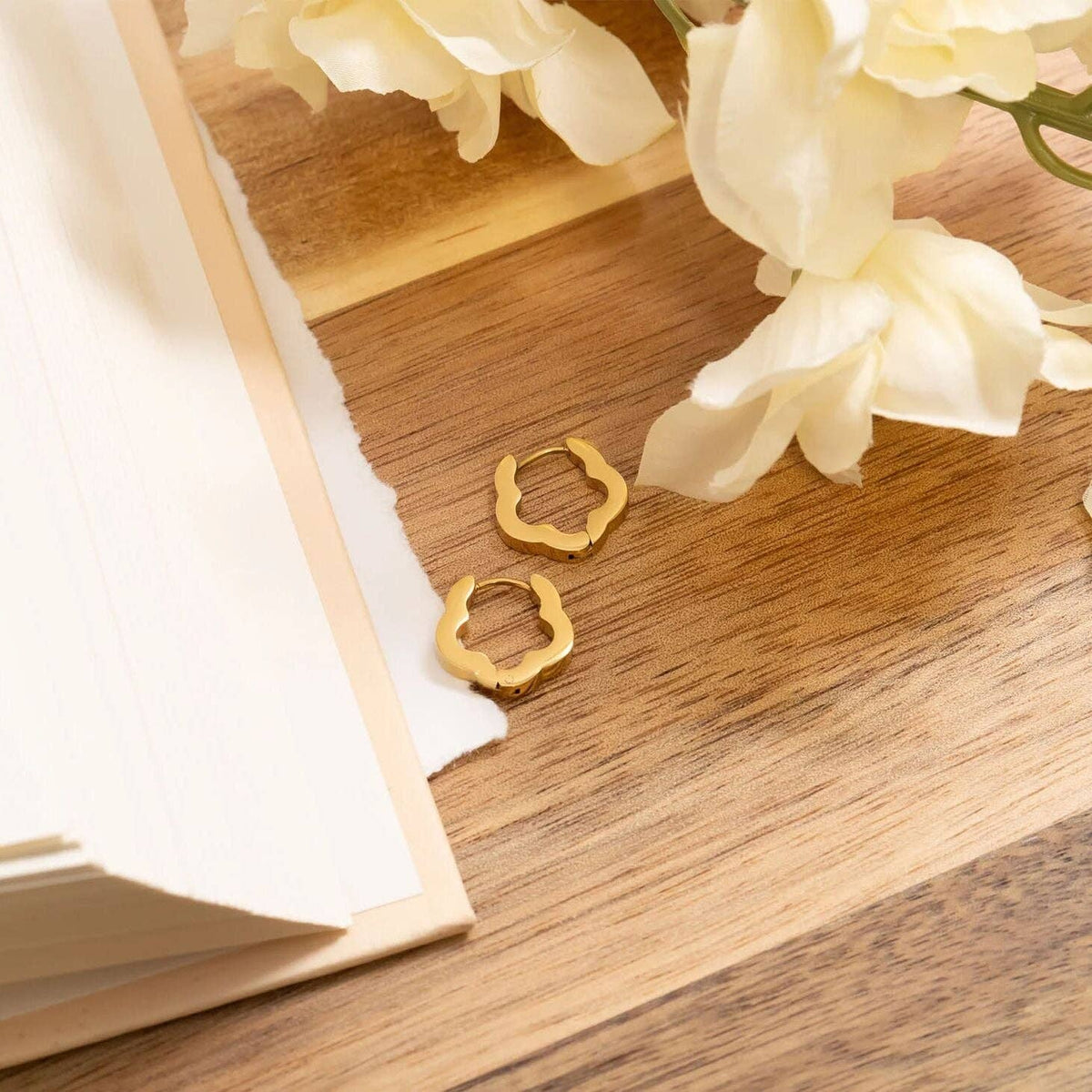 18K Gold PVD Stainless Steel Flower Huggie Earrings: Stainless