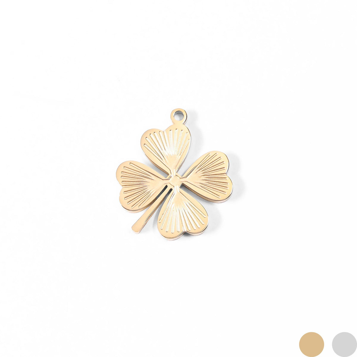 Stainless Steel Sunburst Four Leaf Clover Charm: Gold