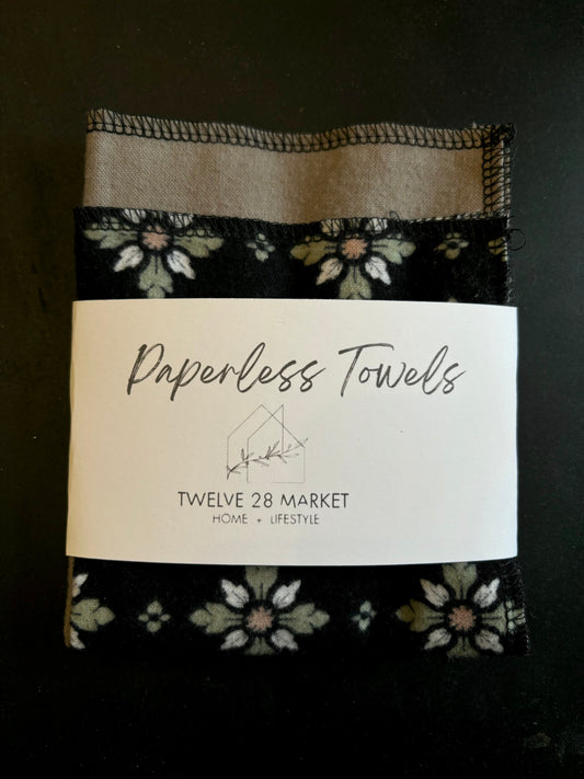 Paperless Paper Towels, White Floral on Black & Black, Set Of 2