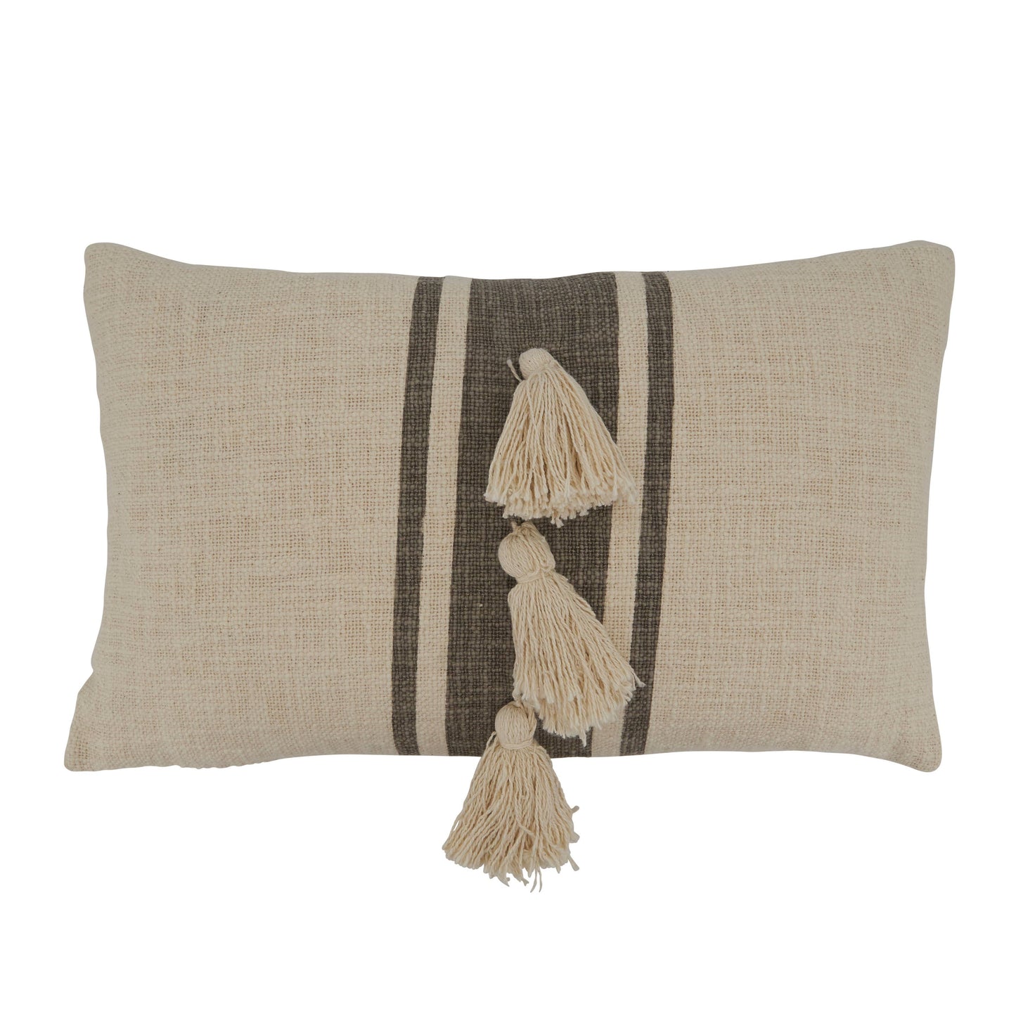 Striped Tassel Pillow: Grey / Down Filled / 12"x20"