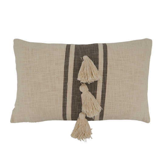 Striped Tassel Pillow: Grey / Down Filled / 12"x20"