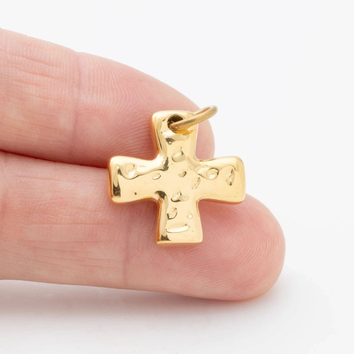 18K Gold PVD Stainless Steel Textured Gold Cross Charm: Gold