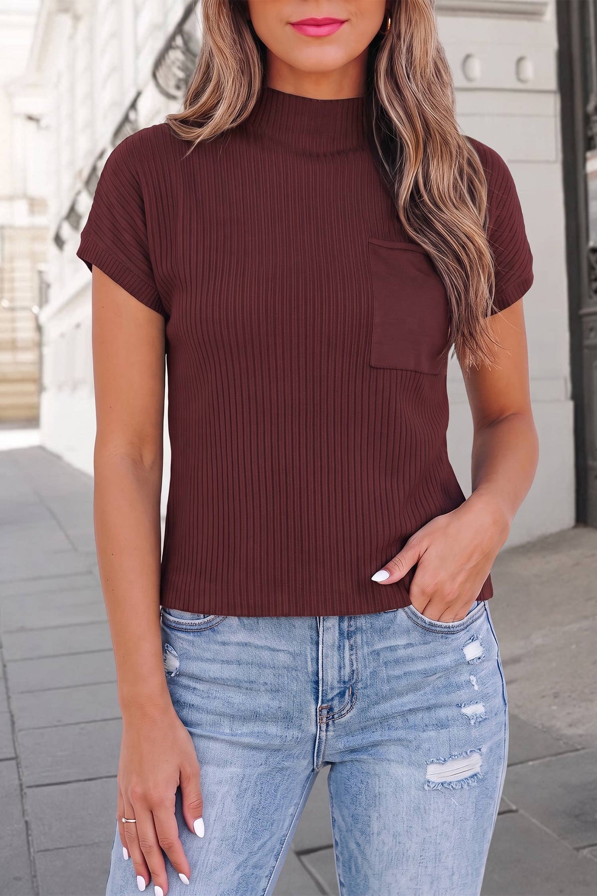 Cozy Ribbed Mock Neck Knit Sweater | S-2XL: Wine / Missy / M