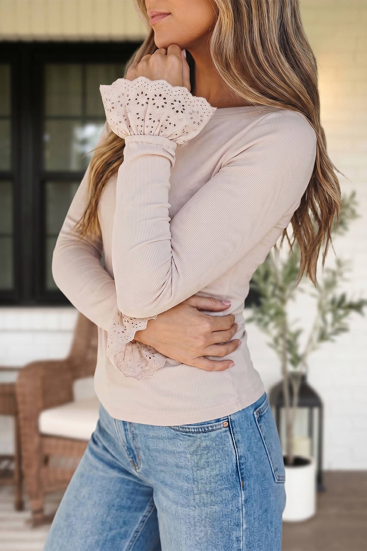Solid Lace Cuff Round Neck Long Sleeve Top | S-XL : Jet Stream / S