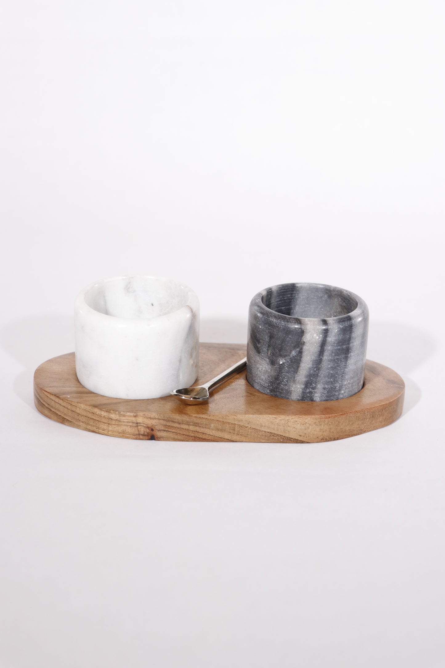 Marble and Acacia Wood Salt and Pepper Pinch Pots, Black and White, Set of 2