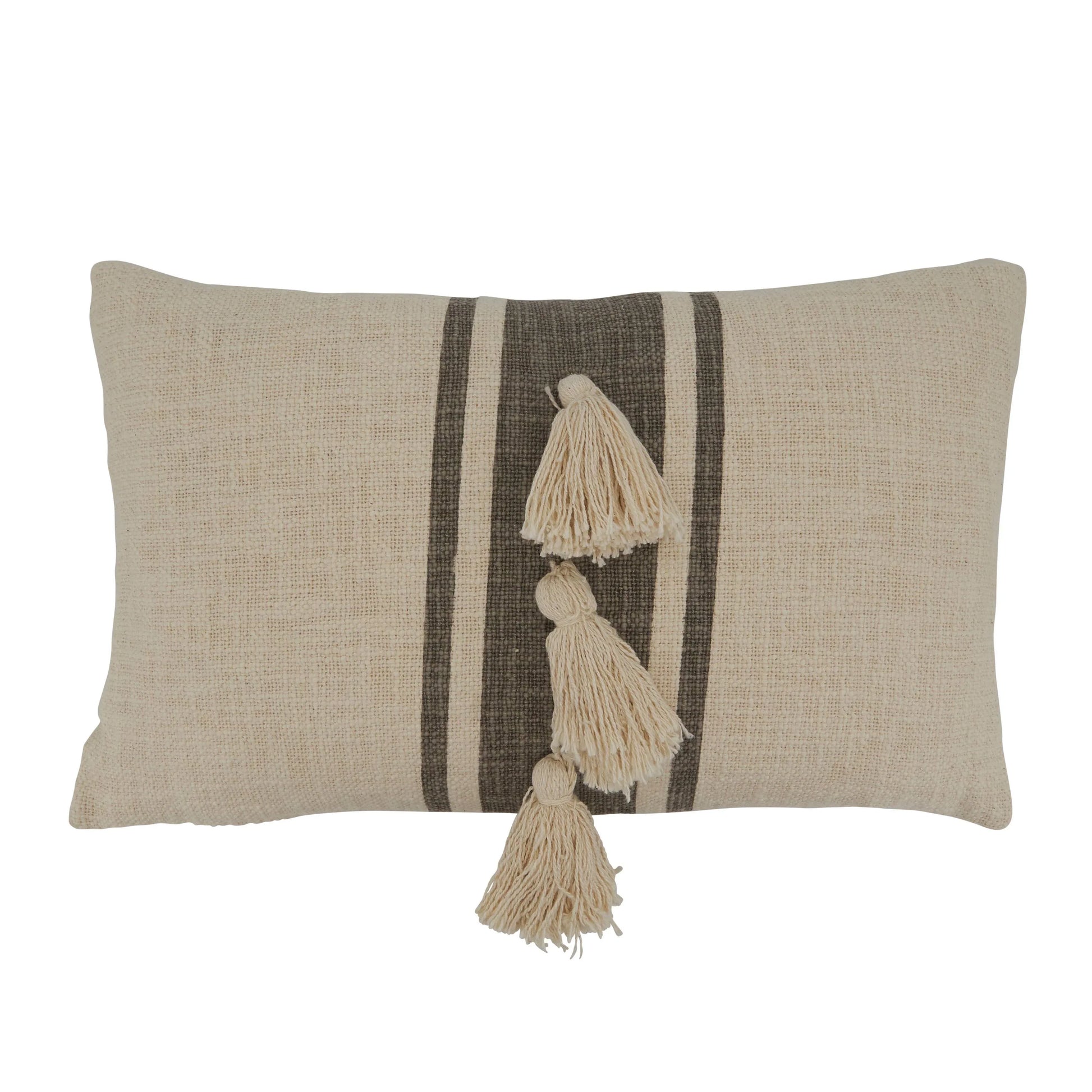 Striped Tassel Pillow: Grey / Down Filled / 12"x20" - Twelve 28 Market