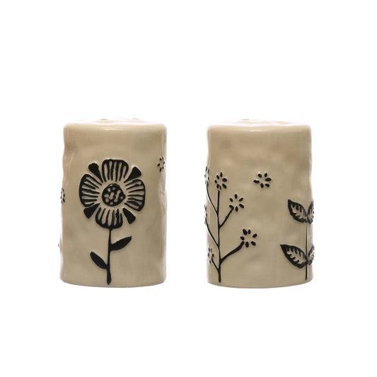 Hand-Painted Stoneware Salt and Pepper Shakers, With Flowers, Set of 2