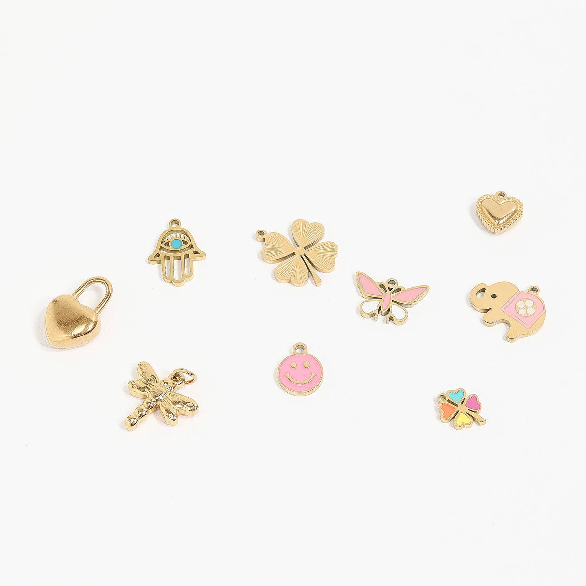 Stainless Steel Sunburst Four Leaf Clover Charm: Gold