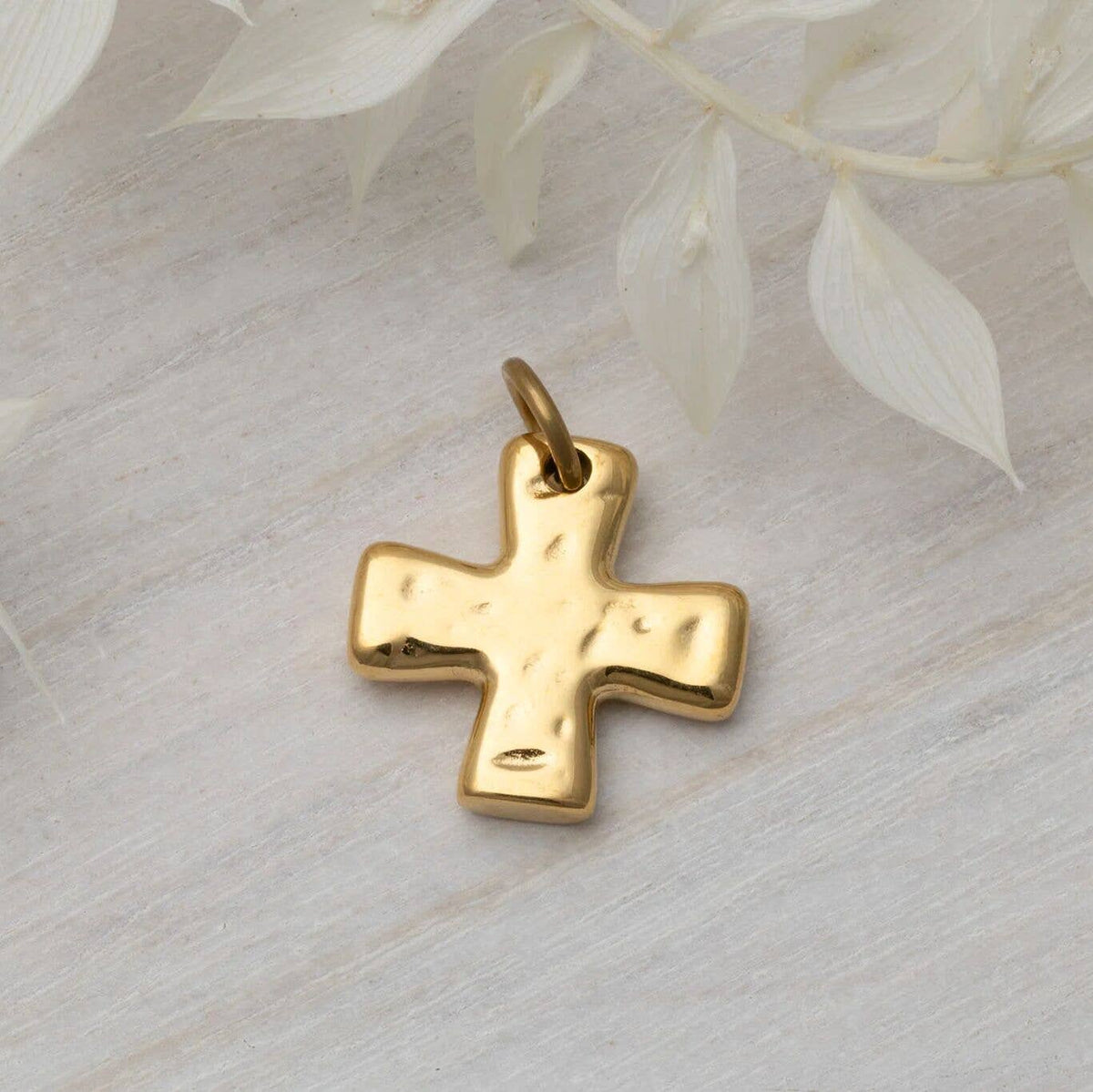 18K Gold PVD Stainless Steel Textured Gold Cross Charm: Gold