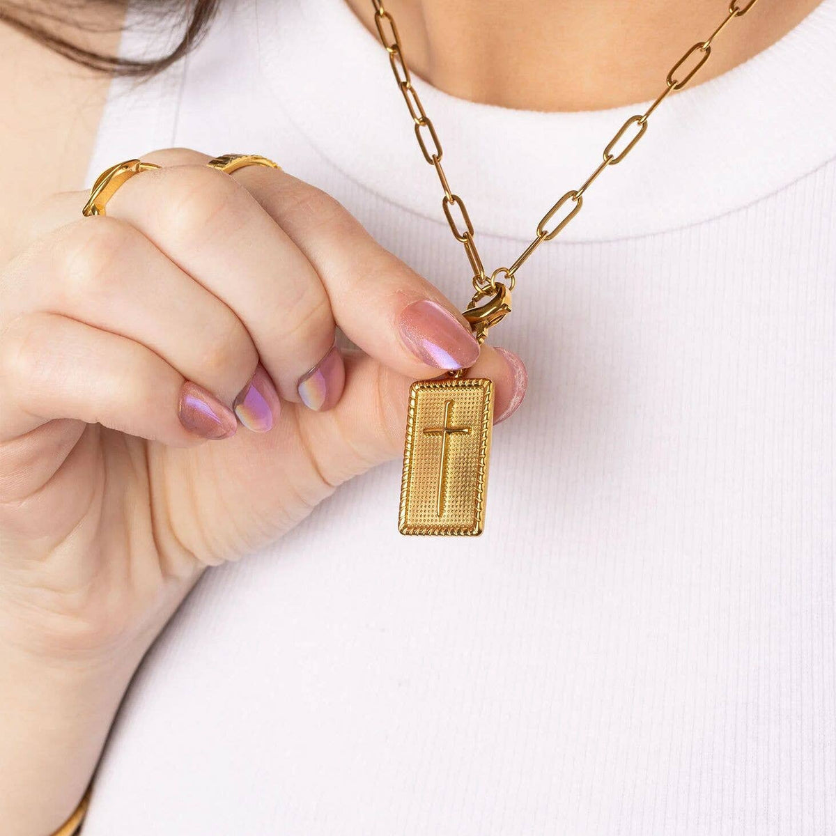 18K Gold PVD Stainless Steel Square Pendant with Cross: Gold