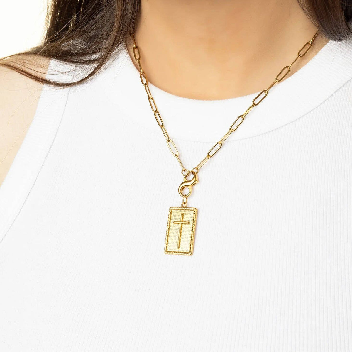 18K Gold PVD Stainless Steel Square Pendant with Cross: Gold