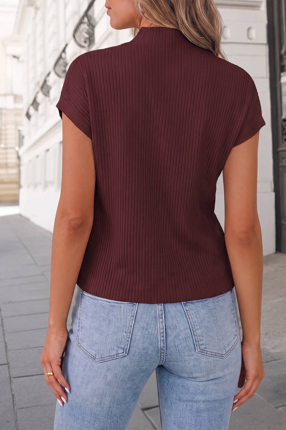 Cozy Ribbed Mock Neck Knit Sweater | S-2XL: Wine / Missy / M