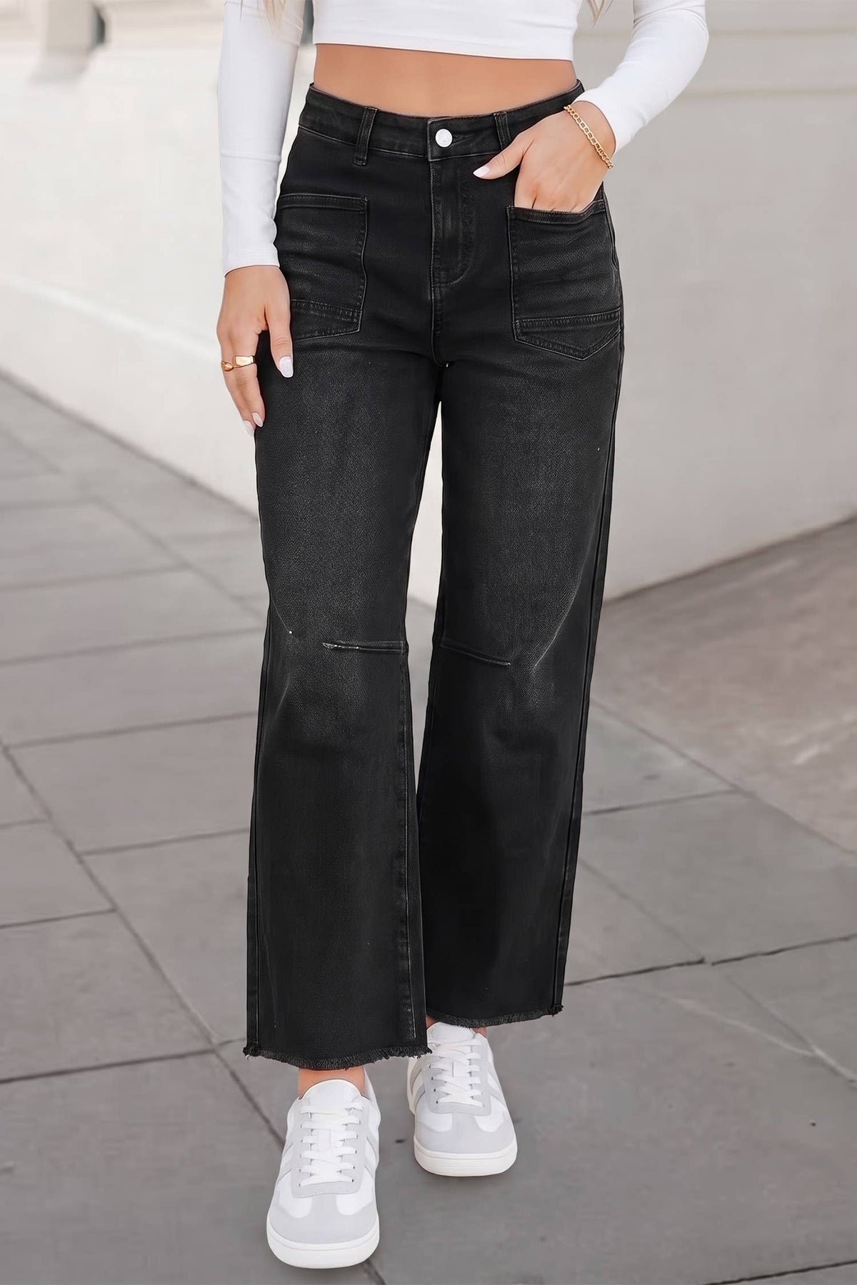 Casual Washed Frayed Cropped Jeans | 4-16: Black / 4