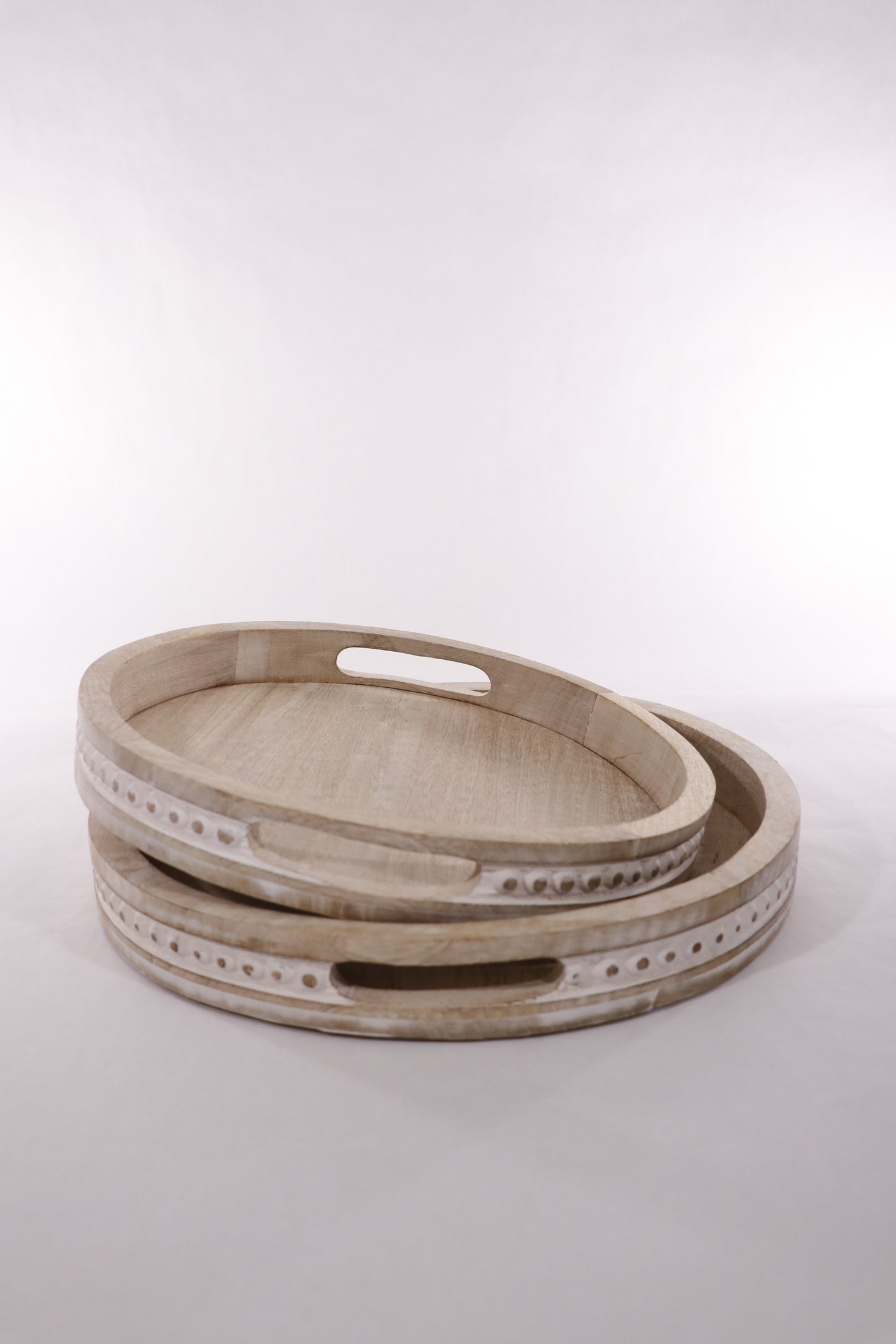 Round wood serving trays with handles